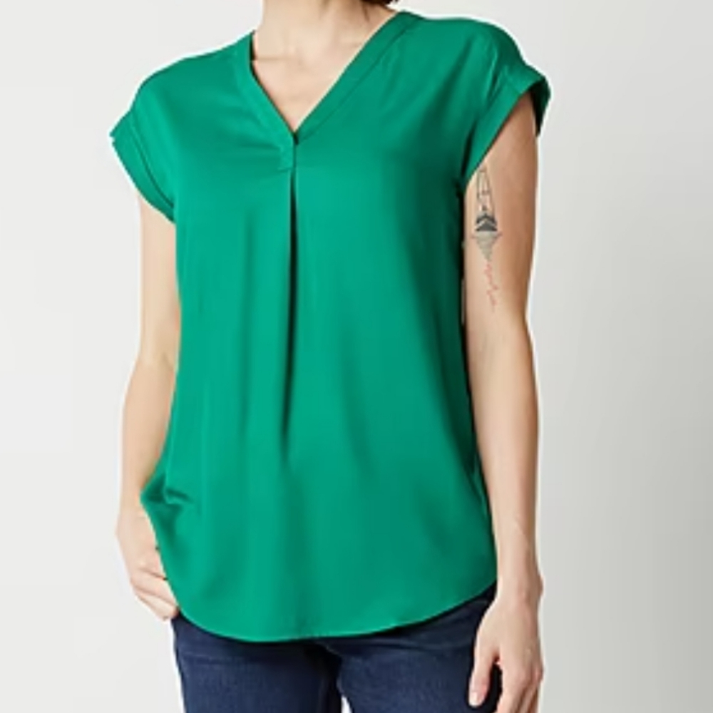 Liz Claiborne Womens V Neck Short Sleeve Blouse Hyper Green Size Large